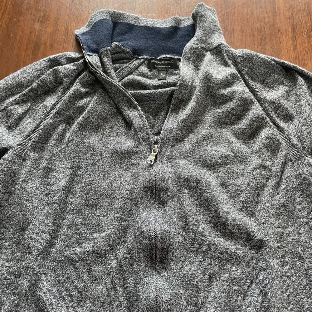 Banana Republic Full Zip Sweater Mens L Gray 100% Merino Wool Mock Neck Classic